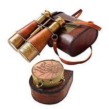 Nautical Victorian Marine Binocular Leather Case with Brass Copper Qoute Compass, 1