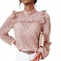 넥 프릴 블라우스 우아한 긴 소매 레이스 프릴 블라우스 여성용 오피스 셔츠 탑 가 의류