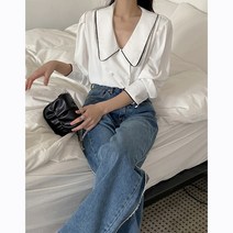 더블 버튼 브이넥 빅카라 블라우스