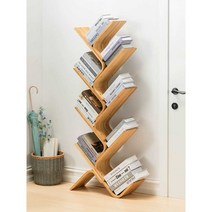 원목책장 45도 기울어진 책꽂이, 브라운 곡선형 5단 나무형 책장