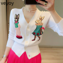 vsyoy 2022 년 여름 새로운 긴 소매 V 넥 만화 자수 패치 토끼 얇은 느슨한 스웨터 카디건 코트 여성