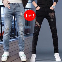 남성 청바지 고급자수 청바지 스판 캐주얼 프린팅 팬츠(2개) 2E623