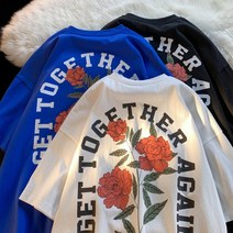 wanghuan반팔 티셔츠 남자 달콤한 장미꽃 알파벳 프린트 루즈핏 블라우스