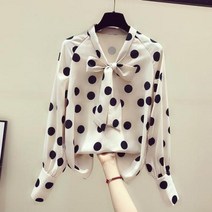 여성 땡땡이 셔츠 블라우스 도트 쉬폰 봄 가을 레트로 소녀 긴 소매 느슨한