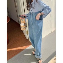 반팔점프수트 멜빵반바지 데님점프수트 셔츠 패치 워크 데님 점프 슈트 여성용 하이 웨이스트 루즈 드레이프 걸레 팬츠 틈새 프라이드 스트리트 와이드 레그 스트레이트