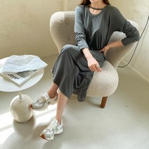 옷자락 여자 스트랩 라운드 컷팅 긴팔 일자 편안한 롱원피스