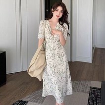 자칠 여름 그린 브이넥 꽃무늬 바캉스원피스 벌룬소매 쉬폰 롱원피스