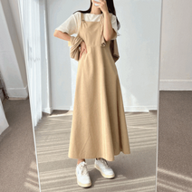 뒷 밴딩 코듀로이 골덴 멜빵 레이어드 뷔스티에 롱 원피스 3color