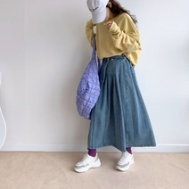 여성청치마 플레어스커트 봄 가을 청 주름 밴딩 고무줄 롱 랩 데님 스커트