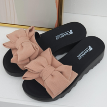 메르나뛰 왕리본 패브릭 여성 러블리 통굽 슬리퍼 4cm A012