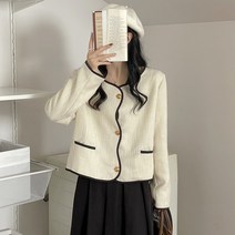 [PINKFUL L-4XL] 빅사이즈 배색 고급스러운 노카라 라운드넥 숏 캐주얼 루즈핏 트위드 얇은 자켓 상의