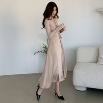 [천삼백케이] [오슈] 봄 가을 고급스런 미니멀 브이넥 랩 롱원피스