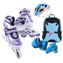 [롤러스케이트바퀴101a] [인라인세트] 사이즈 조절형 아동용 발광바퀴 인라인 스케이트+헬멧+보호대+가방, 스마트 퍼플