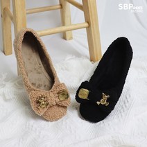 에스비피 여자 여성 털단화 털구두 겨울 플랫슈즈 단화 귀여운 리본 골드 장식 구두 2cm 낮은굽 뽀글 양털 여성플랫슈즈 여성털단화 230~250 하객 결혼식 겨울 여성구두 로퍼