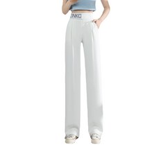 ANKRIC 여성밴딩슬랙스 와이드 레그 팬츠 여성용 여름 아이스 실크 여성용 바지 얇은 하이 웨이스트 전문 바지 스트레이트 및 얇은 정장 바지