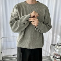 소매 단추 포인트 유니크 니트 남녀공용 커플 라임색 베이지 남자 겨울 니트티 코디