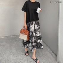퀸이즈 퀸이즈 FREE77반 까지 렌드 블랙 나염 반팔 원피스