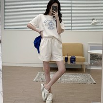 봄 여름 30대 여성 원마일웨어 휴가룩 레터링 반팔티 반바지 면 트레이닝 추리닝 한벌 세트