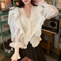 (JK) 크림색 니트 프릴 블라우스 러블리 패션 데이트룩 (JE15563)