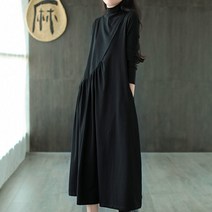 도오빠 뷰플영 여성 롱 원피스 루즈핏 오버핏 터틀넥 긴팔 주름 셔링 폴라 반목 무지 편안한 봄 가을 중년 여자원피스 롱드레스