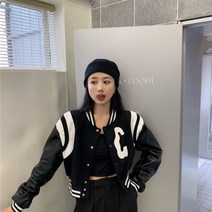 안녕릴리 여성 믹스 레더 크롭 캐주얼 야구점퍼