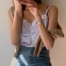 로로텐 레이스 셔링 끈나시 브이넥 이너 레이어드 여성 빅사이즈