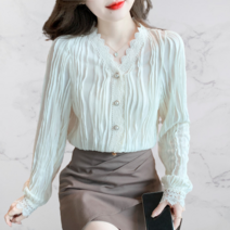 봄 브이넥 랜턴 소매 기질 초선 레이스 셔츠 패치 레이스 블라우스 상의 여