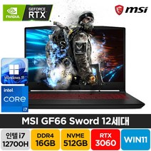 MSI Sword GF66 A12UE 인텔 12세대 i7-12700H RTX3060 윈도우11 배그 주식 고성능 게이밍 노트북, GF66 Sword, WIN11 Home, 16GB, 512GB, 코어i7, 블랙