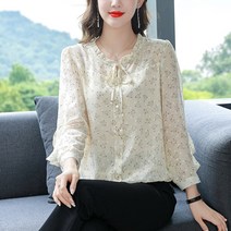 가을 긴팔 상의 여성 패션 코디 빅 사이즈 엄마룩 플라워 블라우스 날씬해 보이고