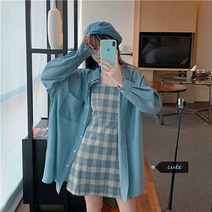 미니멈 원피스 투피스형원피스 하객 상견례 여름과 정장 블루 선 스크린 셔츠 격자 무늬 슬링 슬림 라인 드레스 서양식 투피스 여성