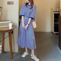 여름 데일리 캐주얼 롱 반팔 원피스 스프라이트 여성 허리끈 마린룩