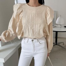 여자 프릴 날개소매 긴팔 솔리드 면남방 블라우스