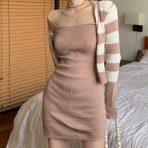 [랜덤플레이] 무지 끈나시원피스 + 스트라이프 가디건 세트