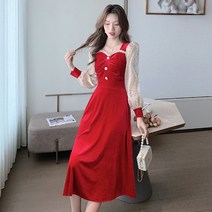 빅사이즈긴팔원피스 프렌치 여신 무드 셀럽 긴소매원피스 여성 겨울 가을 벨벳 고퀄리티 감각 드레스 무릎 2853078824
