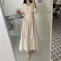 쥬쥬렐라 버튼 벨트 브이넥 코튼 발목 롱롱 원피스 2컬러