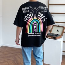 오버핏 무지개 네온 프린팅 반팔 티셔츠 7color