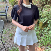 여성 골프웨어 상의 퍼프소매 반팔 배색 카라 티셔츠 베이직 기능성 필드룩