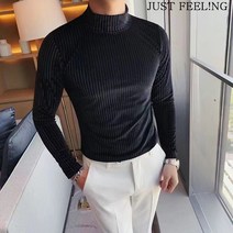 JUST FEEL!NG 남성 벨벳 긴팔 슬림 티셔츠 반폴라 디자인 티 남성상의 패션 라운드 슬림핏