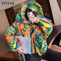 따뜻한 겨울 다운 재킷 여성 낙서 인쇄 패션 후드 짧은 파카 여자 두꺼운 힙합 패딩 코트