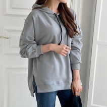 옷자락 여자 기모후드티 옆트임 루즈핏 무지 밤색 긴팔티
