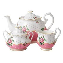 로얄알버트 티팟 Royal Albert 40002392 Cheeky Pink 3Piece (Teapot Sugar and Cream) Set Fine Bone China 6, Set of 3 (teapot/ sugar and cr