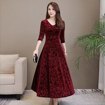 브이넥원피스 골드 벨벳 봄은 길다 누르기 플라워 긴팔 여성 슬림핏 스윙 3645136759