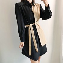 요시아나 [당일발송] 하프앤하프 배색 벨티드 셔츠 원피스 -3컬러