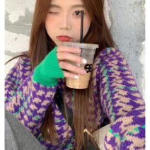 베러댓걸 컬러 포인트배색 하운드투스 니트가디건