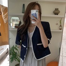 블링앤수 여름 하객룩 반팔 브이넥 트위드 블라우스 LZZ247