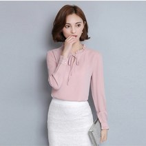 여성 하객룩 데일리룩 데일리 블라우스 셔츠 남방 여성용 봄 블루 긴 소매 스탠드 칼라 보우 우아한 숙녀 쉬폰 탑스 패션 사무복