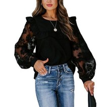플라워 패턴 꽃 블라우스 여성 메쉬 패치워크 라운드넥 긴팔 블랙 레이스 버블 소매 풀오버