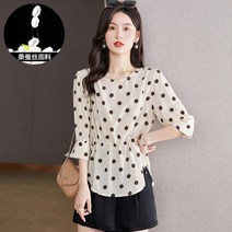 플라워상의 디자인감각 실크 도트 와이셔츠 여름 5부 소매 풀오버 후드 허리보정 스트랩 누에실 반팔셔츠 4997259937