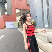 DFMEI 일자 어깨 스트라이프 니트 나시 여 와이드 나시
