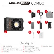 프롬프터 지미집 ZHIYUN-MOLUS X100 2700-6500K COB LED 조명 사진 카메라 야외 휴대용 일정, 공식 정품, 02 Molus X100 Combo